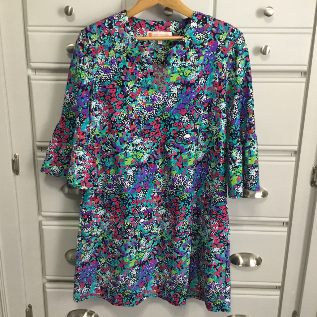 Jude Connally Lyla Watercolor Floral Bell Sleeve V Neck Shift Midi Dress Xs
